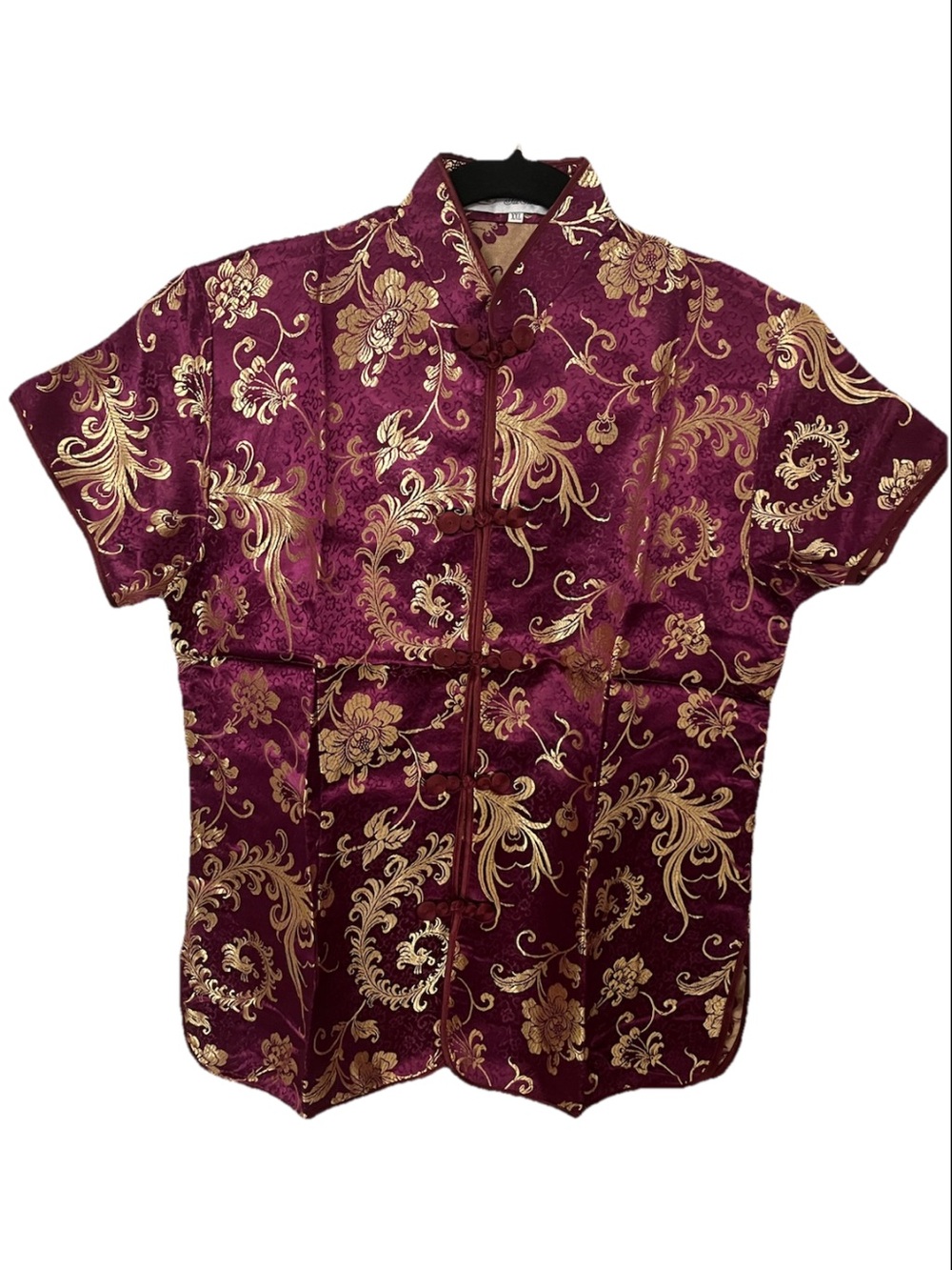 Women's Burgundy Floral Brocade Short-Sleeve Top with Gold Accent